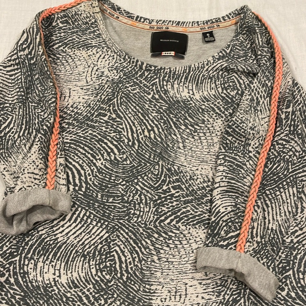 0603 Maison Scotch Top sweatshirt pink braided leather strand on arms label SZ 2